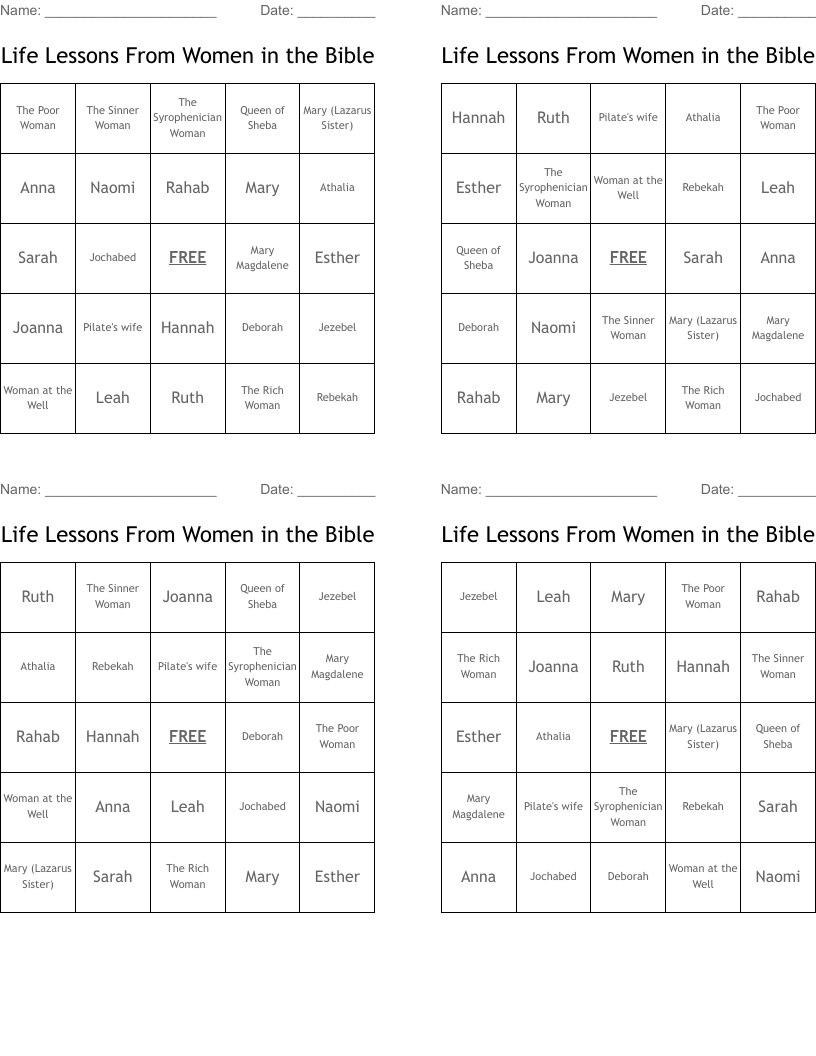 Life Lessons From Women In The Bible Bingo Cards WordMint