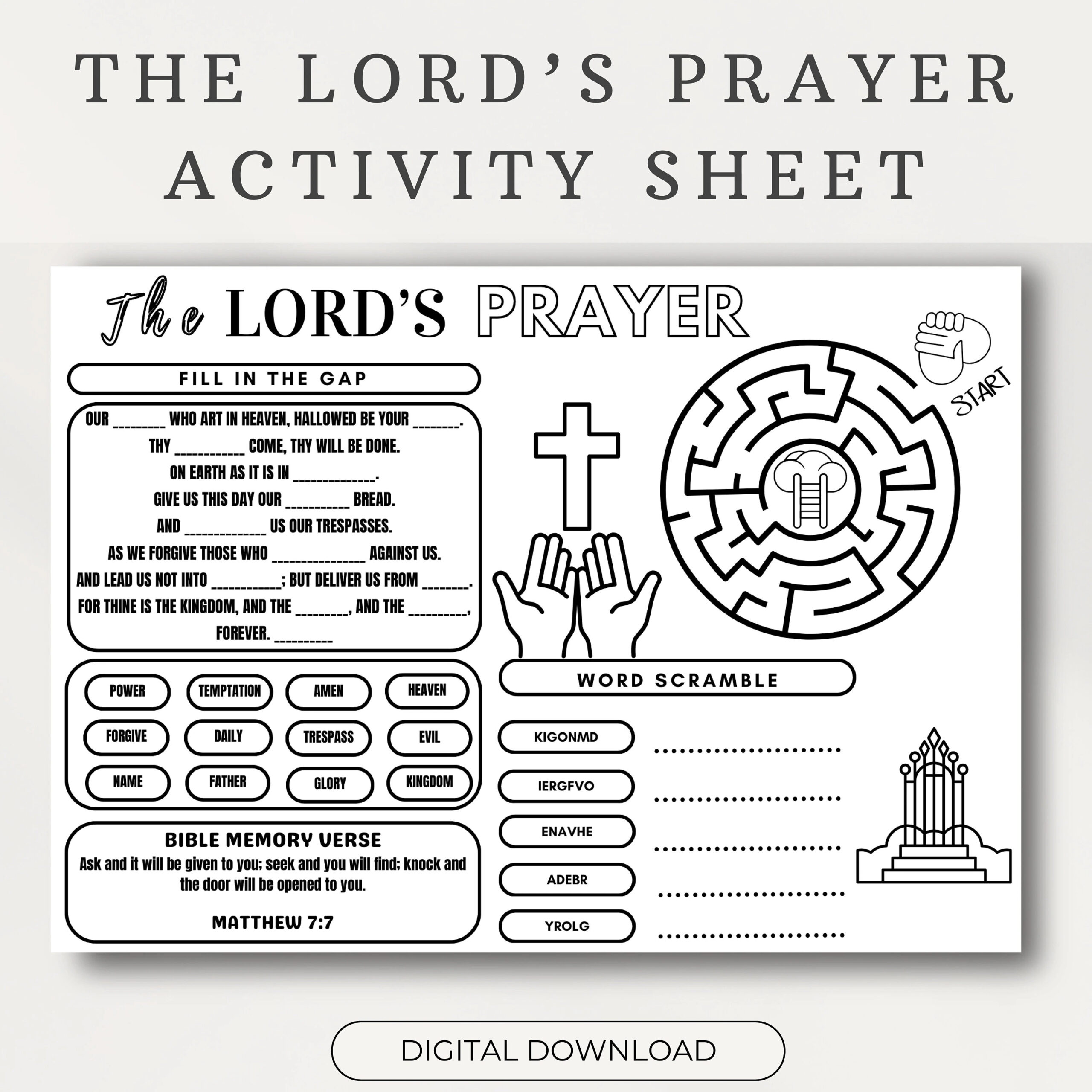 Lord s Prayer Activity Sheet Bible Story Coloring Page digital Download Etsy