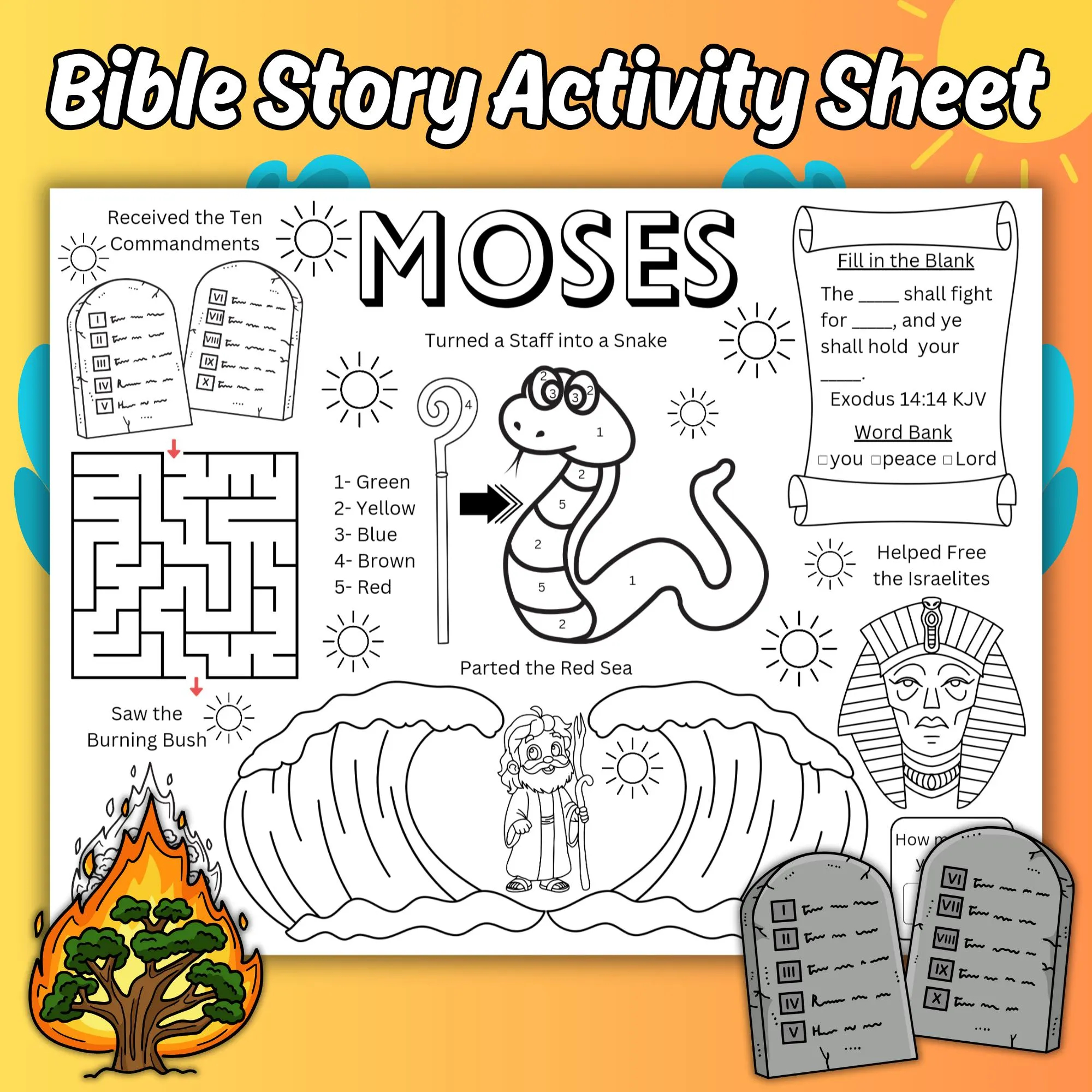 Moses Kids Activity Sheet Bible Story Coloring Activity Page Moses Printable Activity Sheet Sunday School Activity Etsy