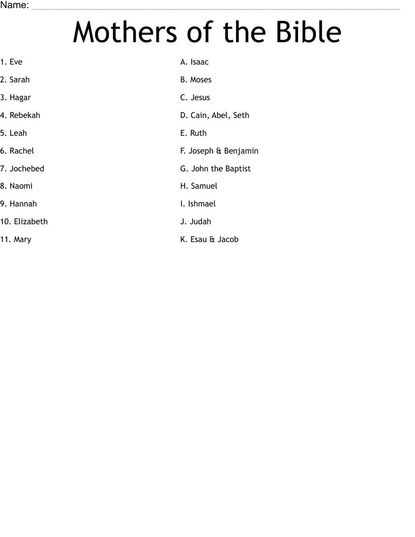 Mothers Of The Bible Worksheet WordMint