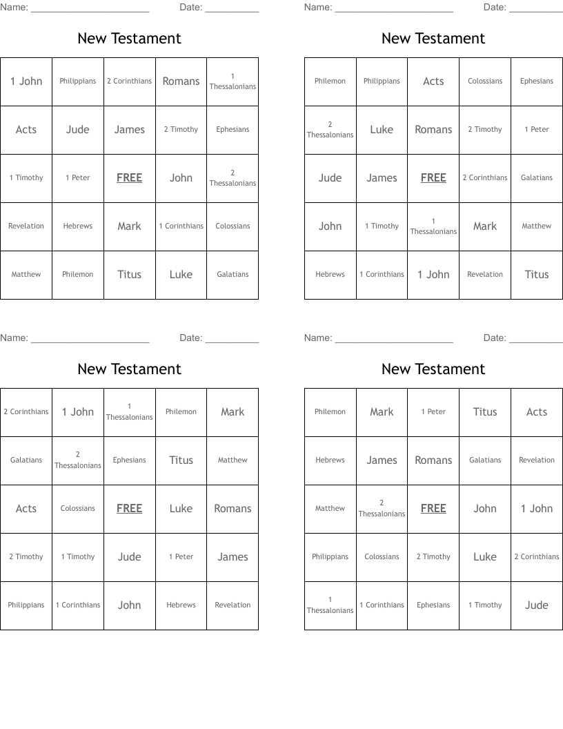 New Testament Books Of The Bible Bingo Cards WordMint
