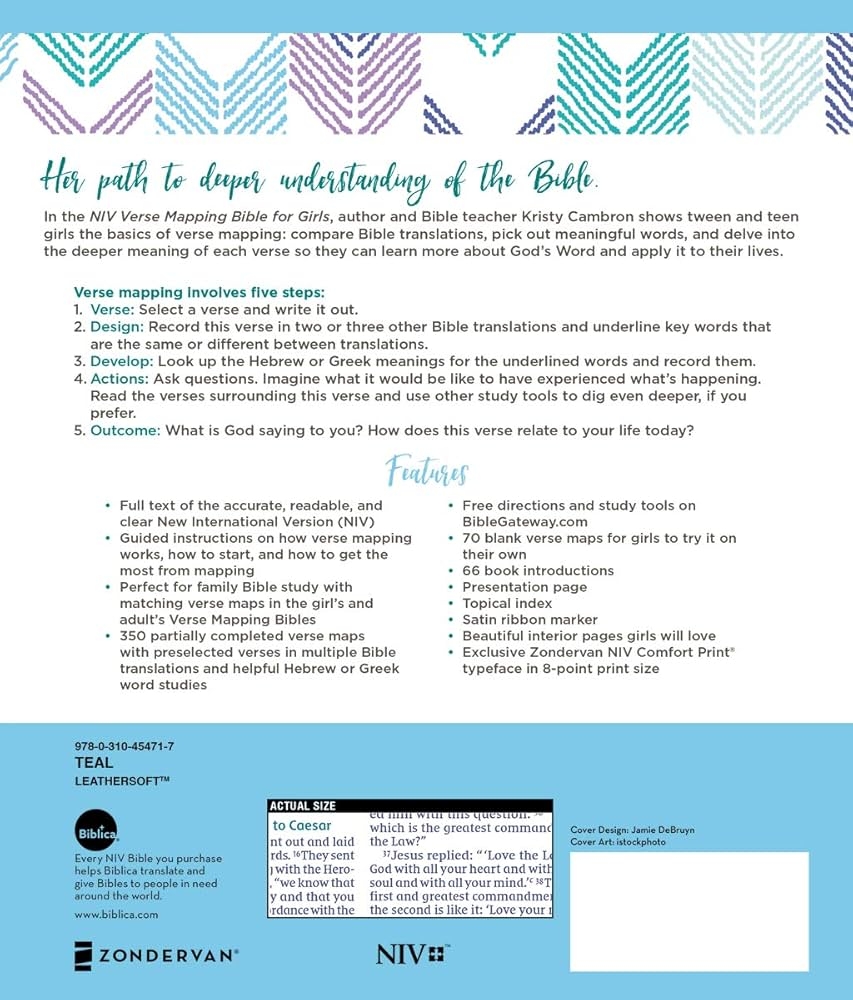 NIV Verse Mapping Bible For Girls Leathersoft Teal Comfort Print Gathering The Goodness Of God s Word Zondervan Cambron Kristy 9780310454717 Amazon Books