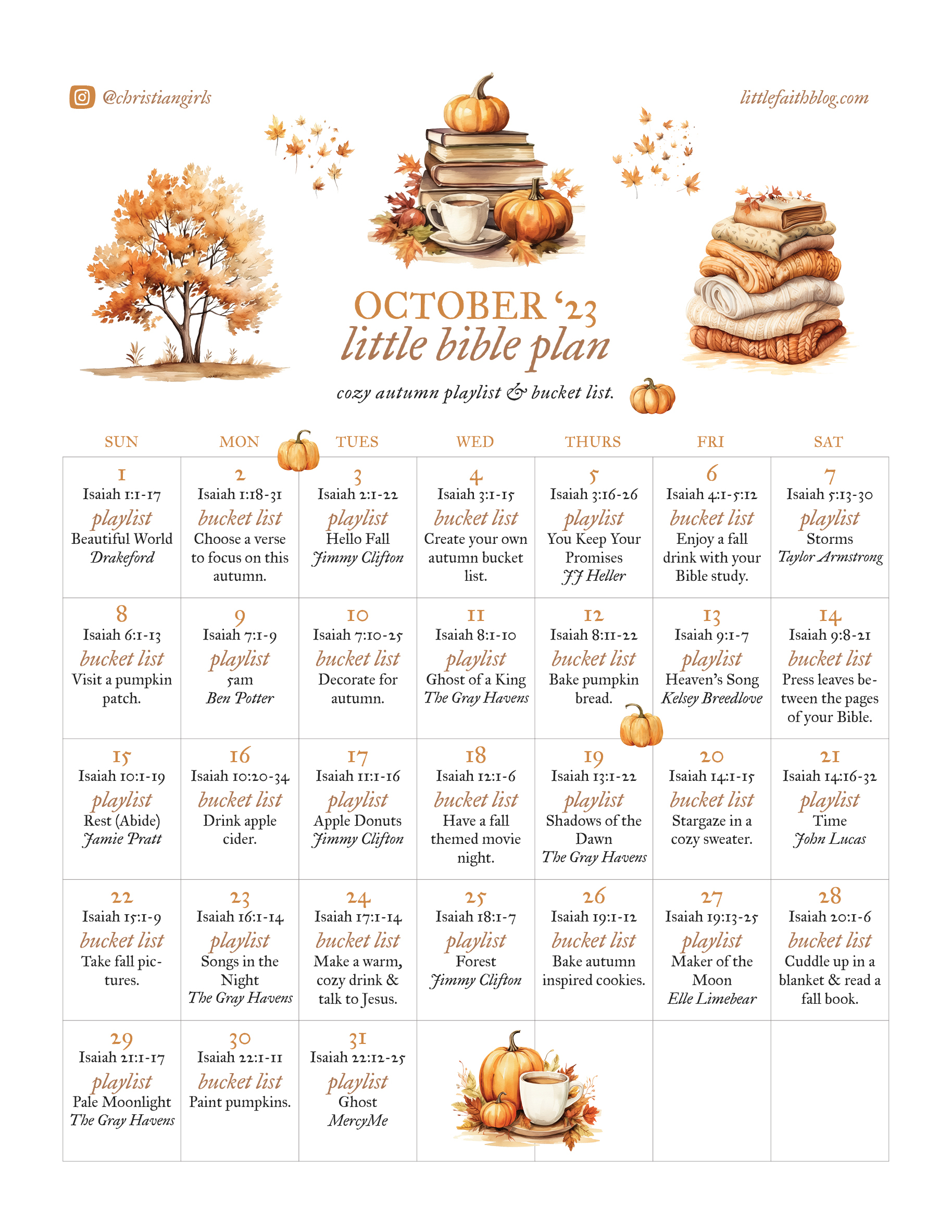October 2023 Bible Reading Plan Cozy Autumn Playlist Bucket List Little Faith Blog