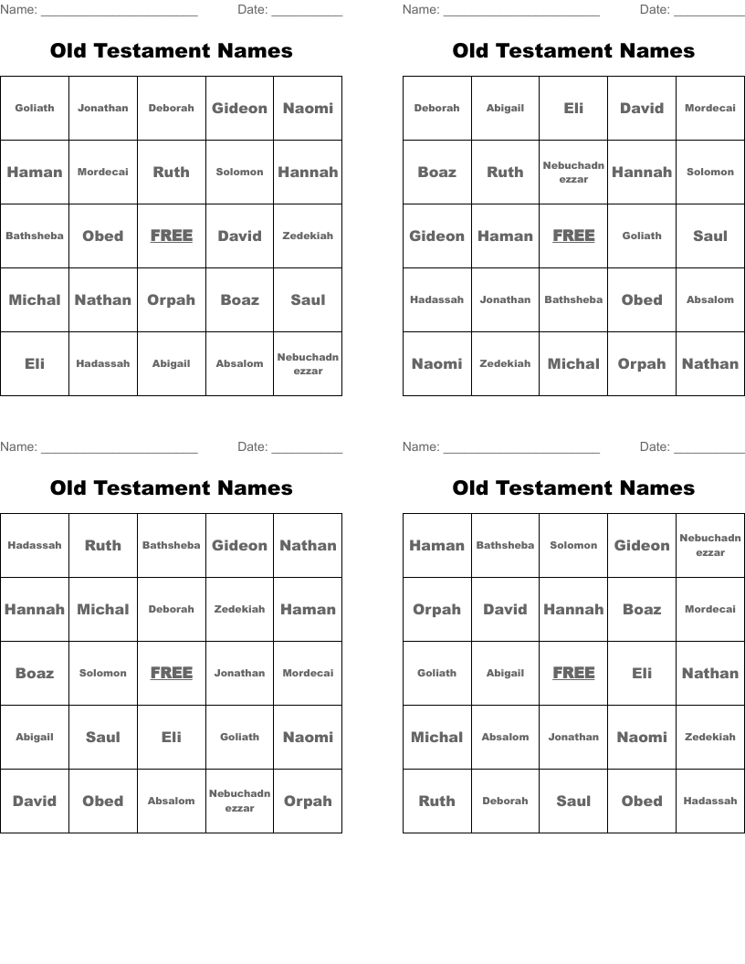 Old Testament Names Bingo Cards WordMint