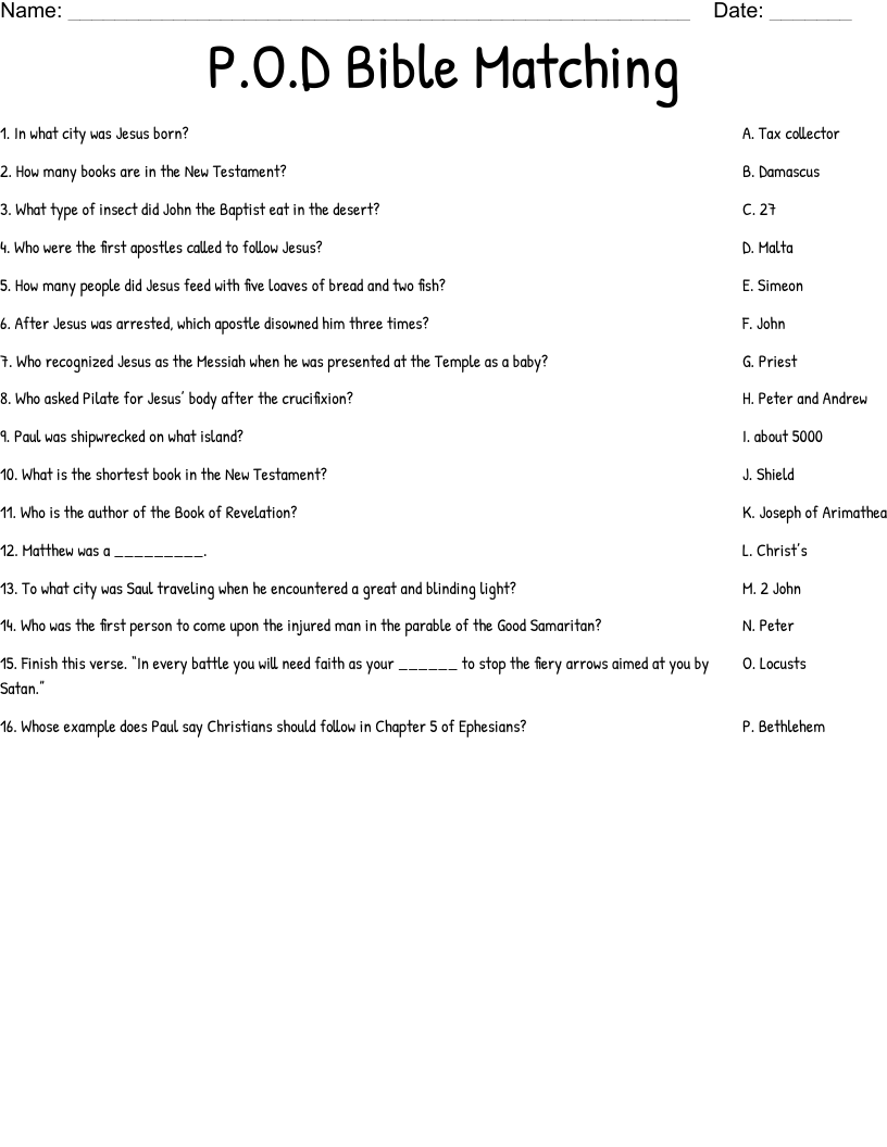 P O D Bible Matching Worksheet WordMint