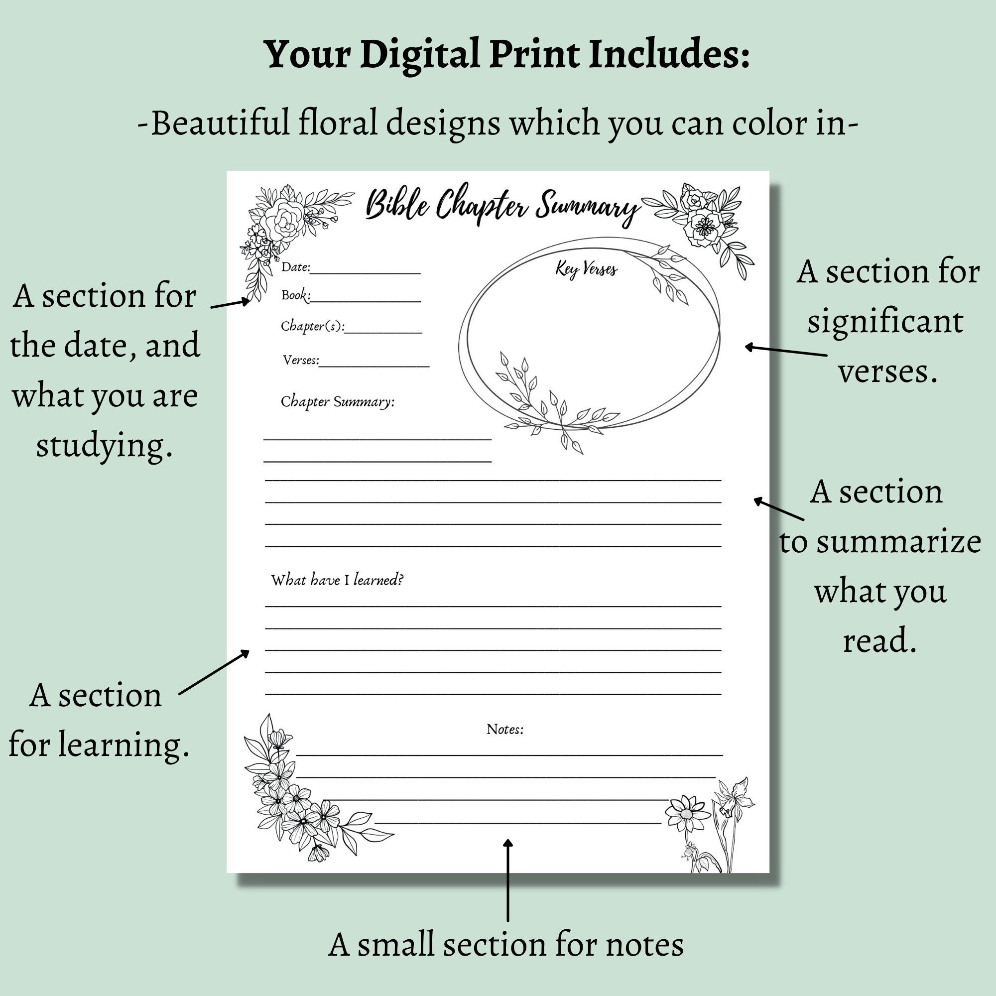 Printable Bible Chapter Summary Print At Home Bible Journal Pages Bible Study Pages Bible Study Planner Adult Bible Coloring Page Etsy
