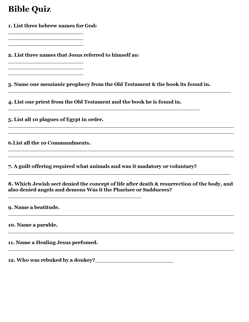 Printable Bible Quizzes