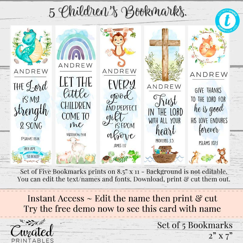 Printable Bible Verse Bookmarks Bookmarks For Children Personalized Bookmarks Bible Verse Bookmarks For Kids Editable Bookmarks Etsy