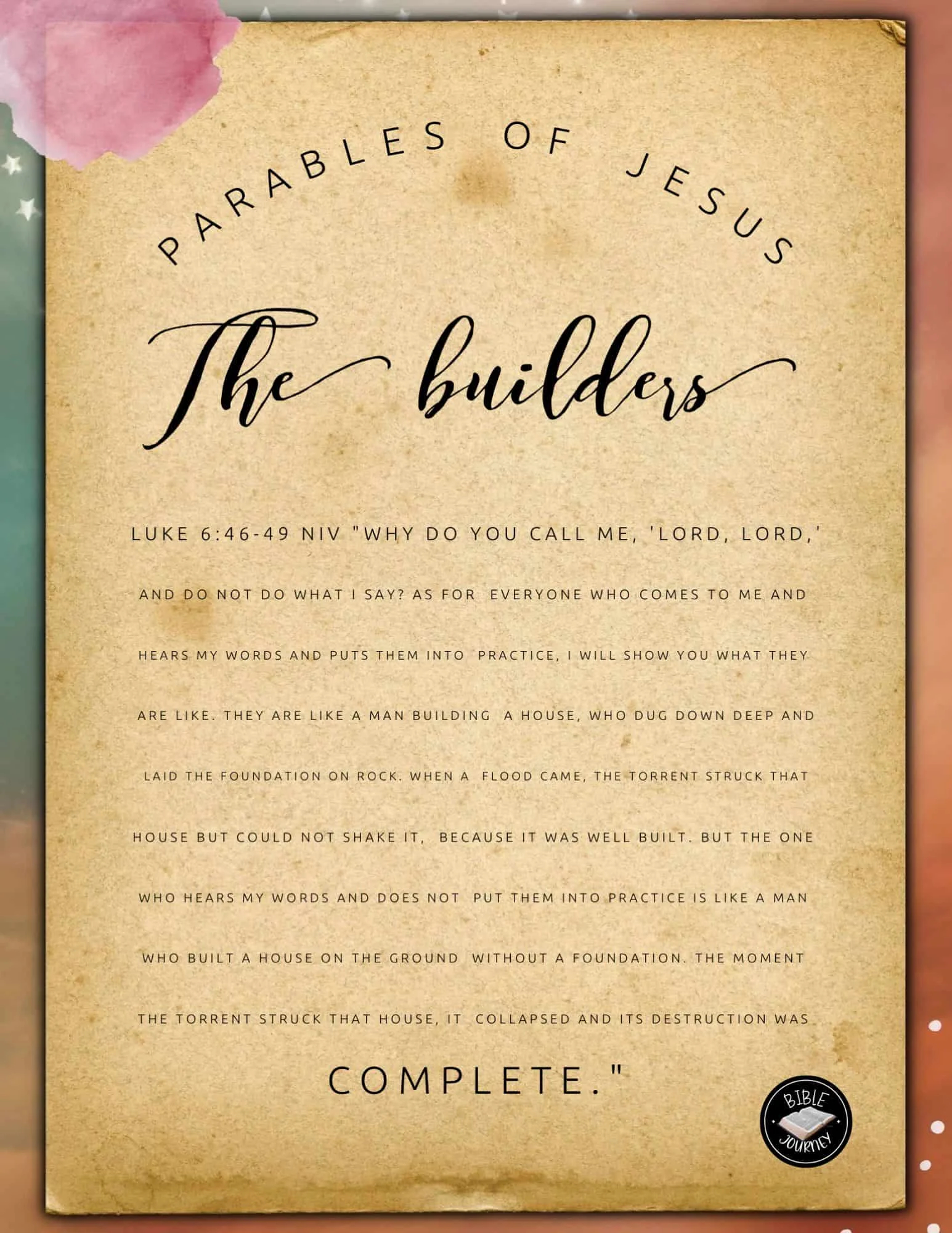 Printable Parable Study Sheet The Builders Luke 6 46 49 NIV