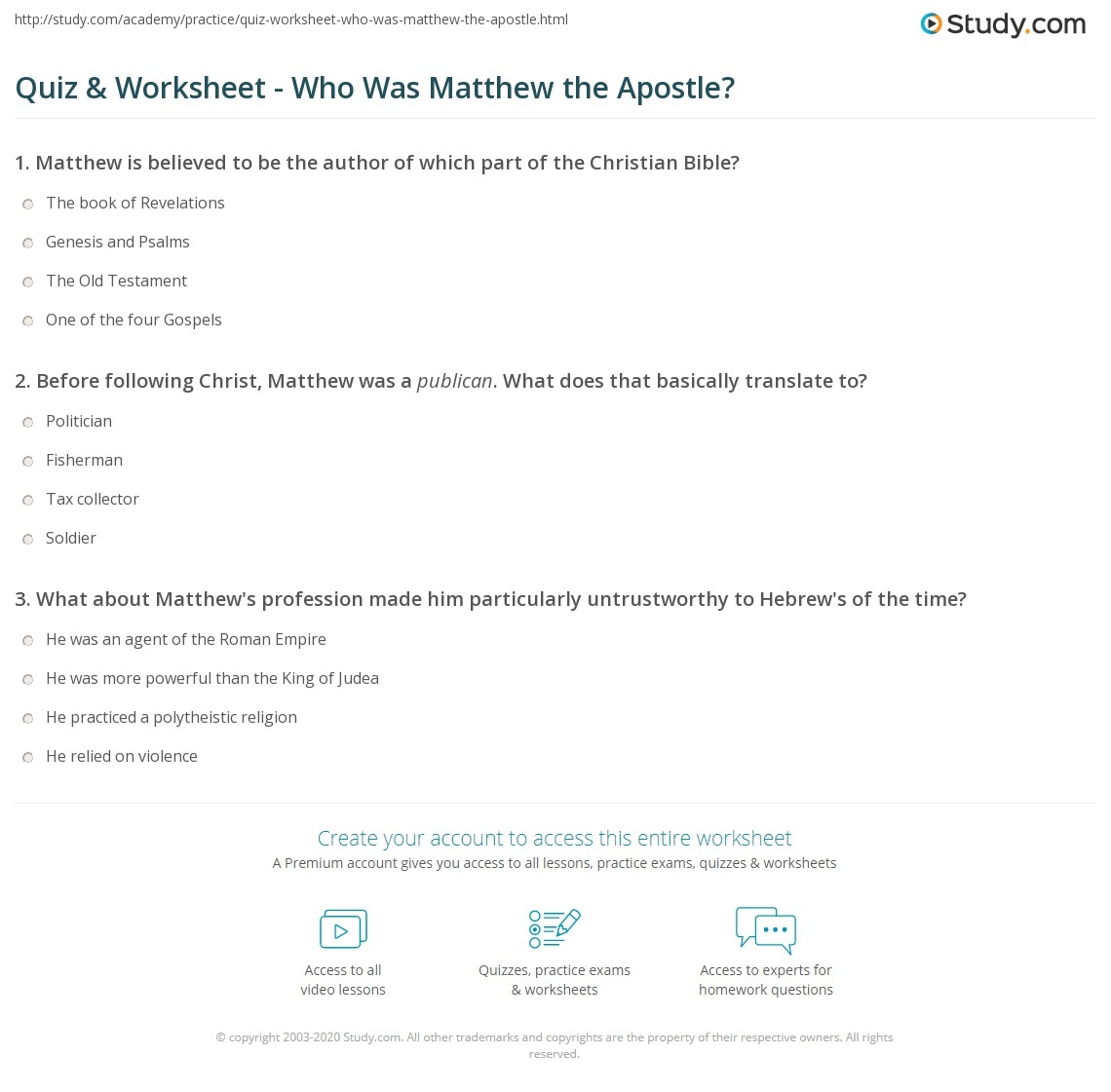 Quiz Worksheet Who Was Matthew The Apostle Study