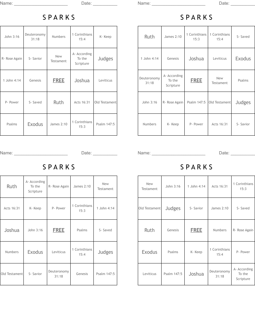 S P A R K S Bingo Cards WordMint