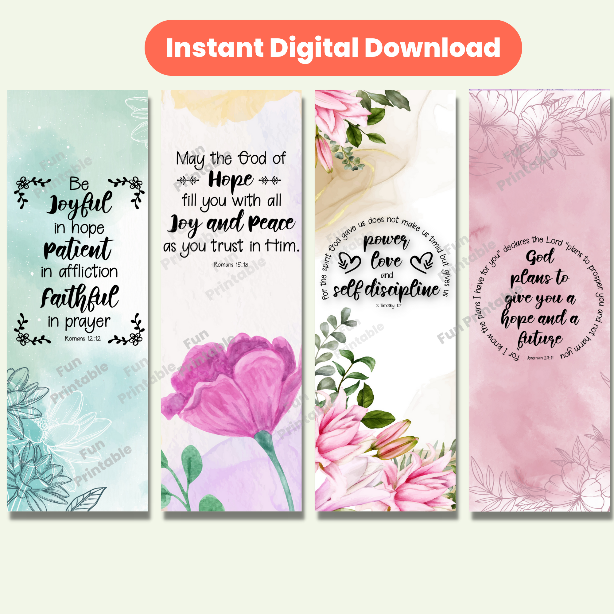 Set Of 12 Printable Watercolor Flower Bible Verses Of Thanks And Hope Bookmarks Fun Printable