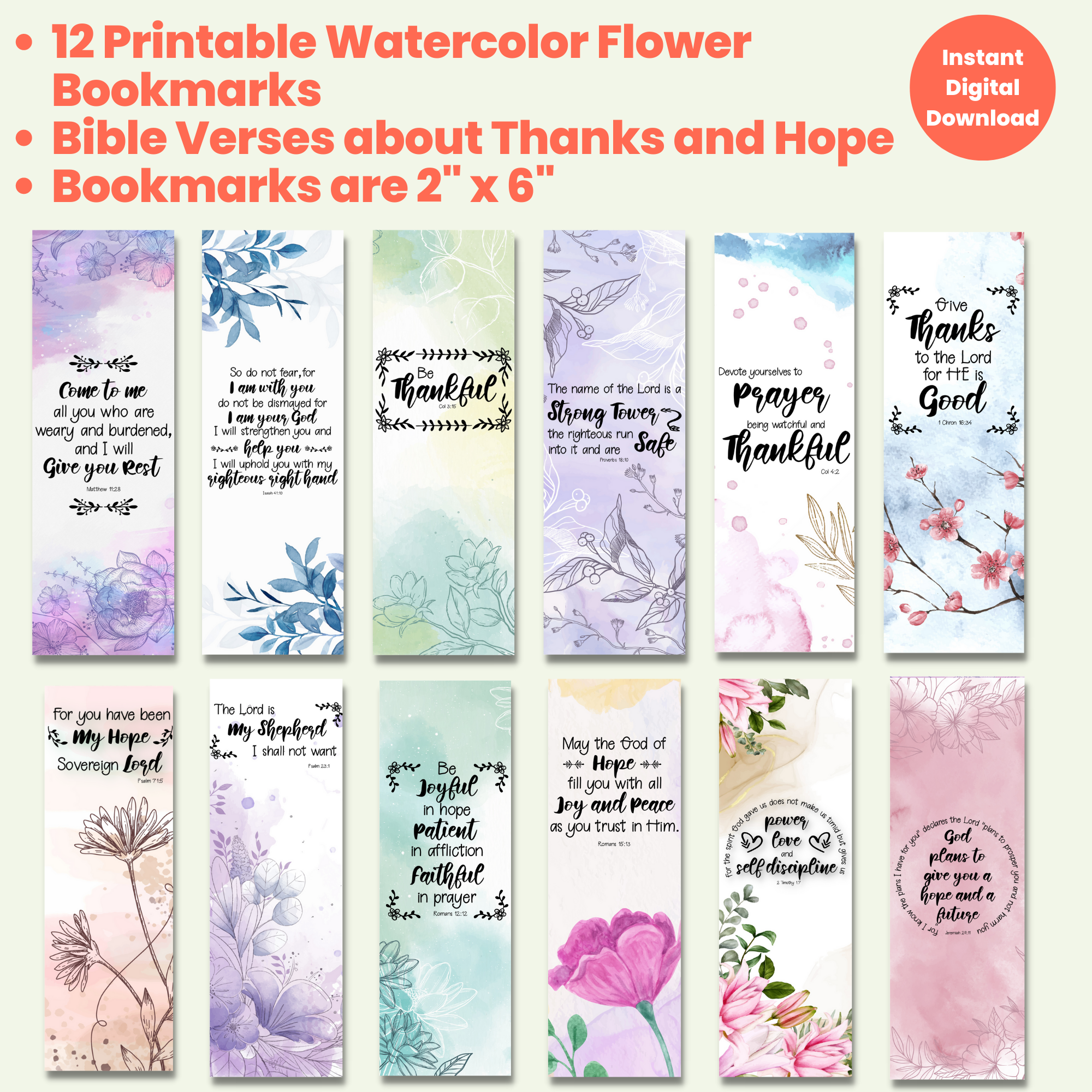 Set Of 12 Printable Watercolor Flower Bible Verses Of Thanks And Hope Bookmarks Fun Printable