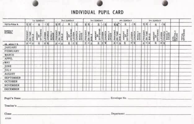 SUNDAY SCHOOL INDIVIDUAL PUPIL CARD Bogard Press
