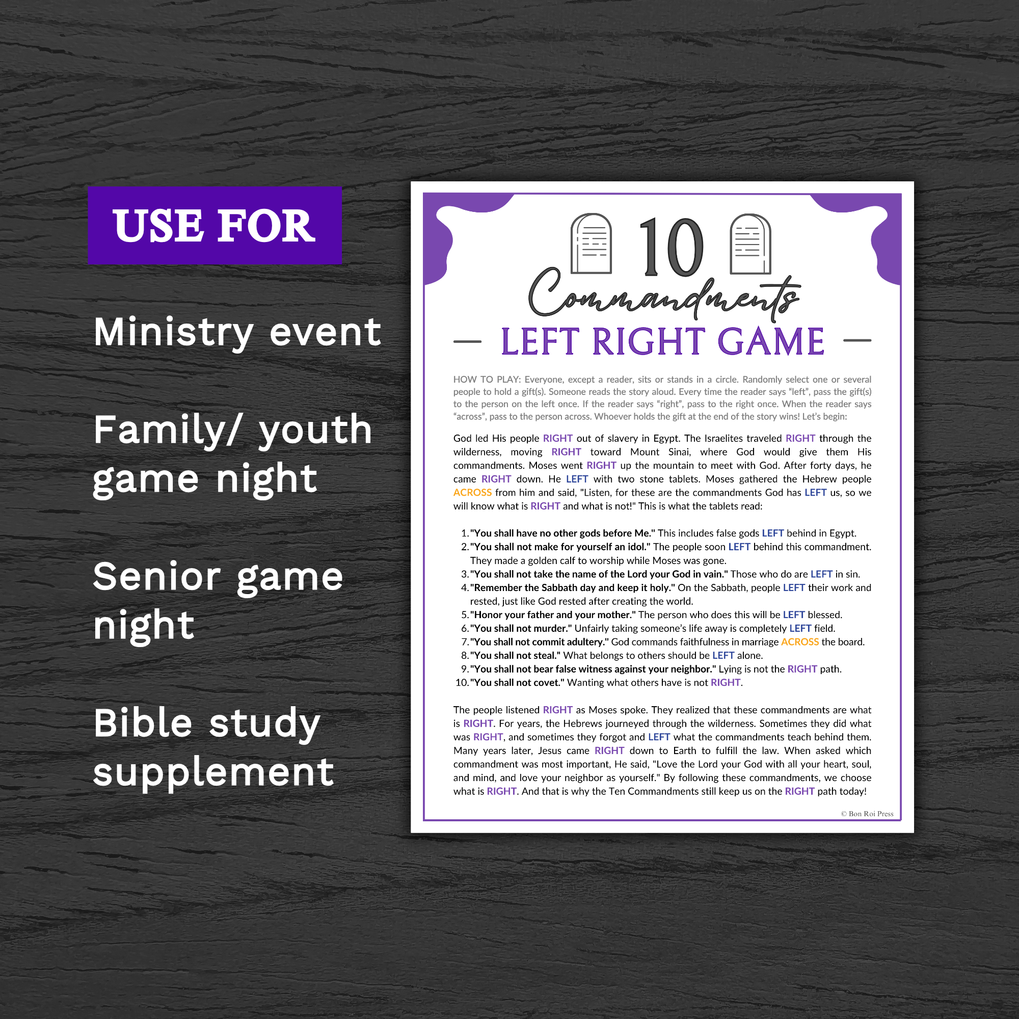 Ten Commandments Left Right Game Printable For Church Kids Teens Adults Sunday School Ministry Bible Group Learning Activity Classful