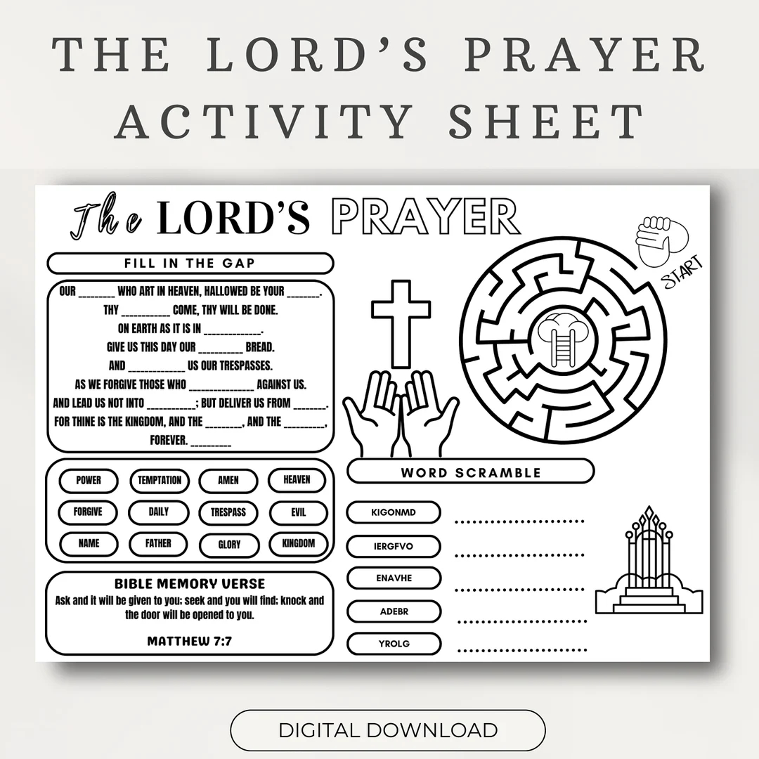 The Lord s Prayer Activity Sheet Bible Story Activity Placemat Bible Coloring Page Learning Sheet Bible Verse Sunday School Activity Etsy