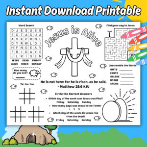 The Resurrection Of Jesus Bible Story Lesson Printable Activity Placemat Sheet For Sunday School Kids Easter Sunday Coloring Activity Page Etsy