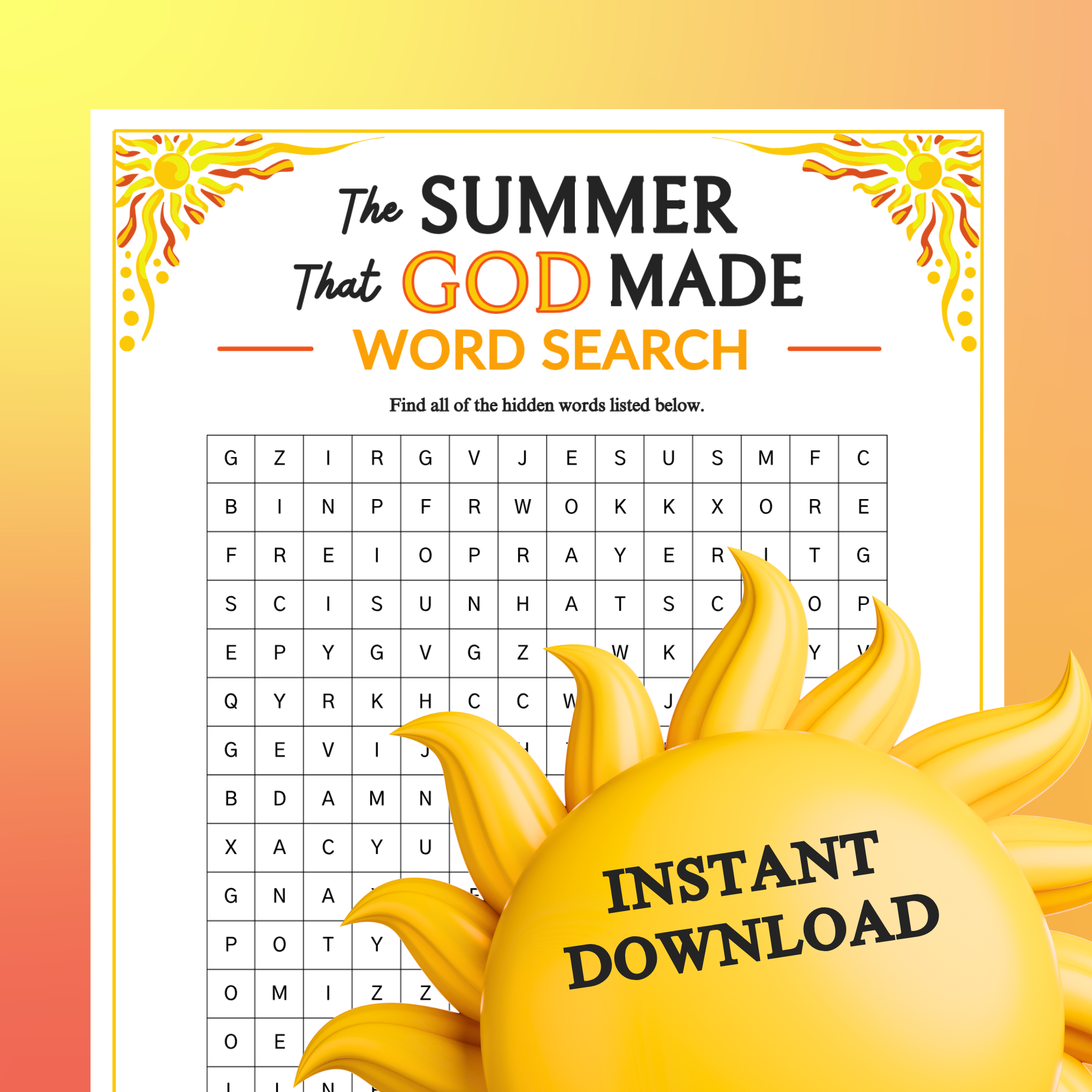 the summer that god made word search game printable for church kids teens adults sunday school ministry bible learning activity classful