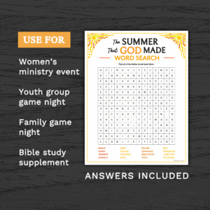 the summer that god made word search game printable for church kids teens adults sunday school ministry bible learning activity classful