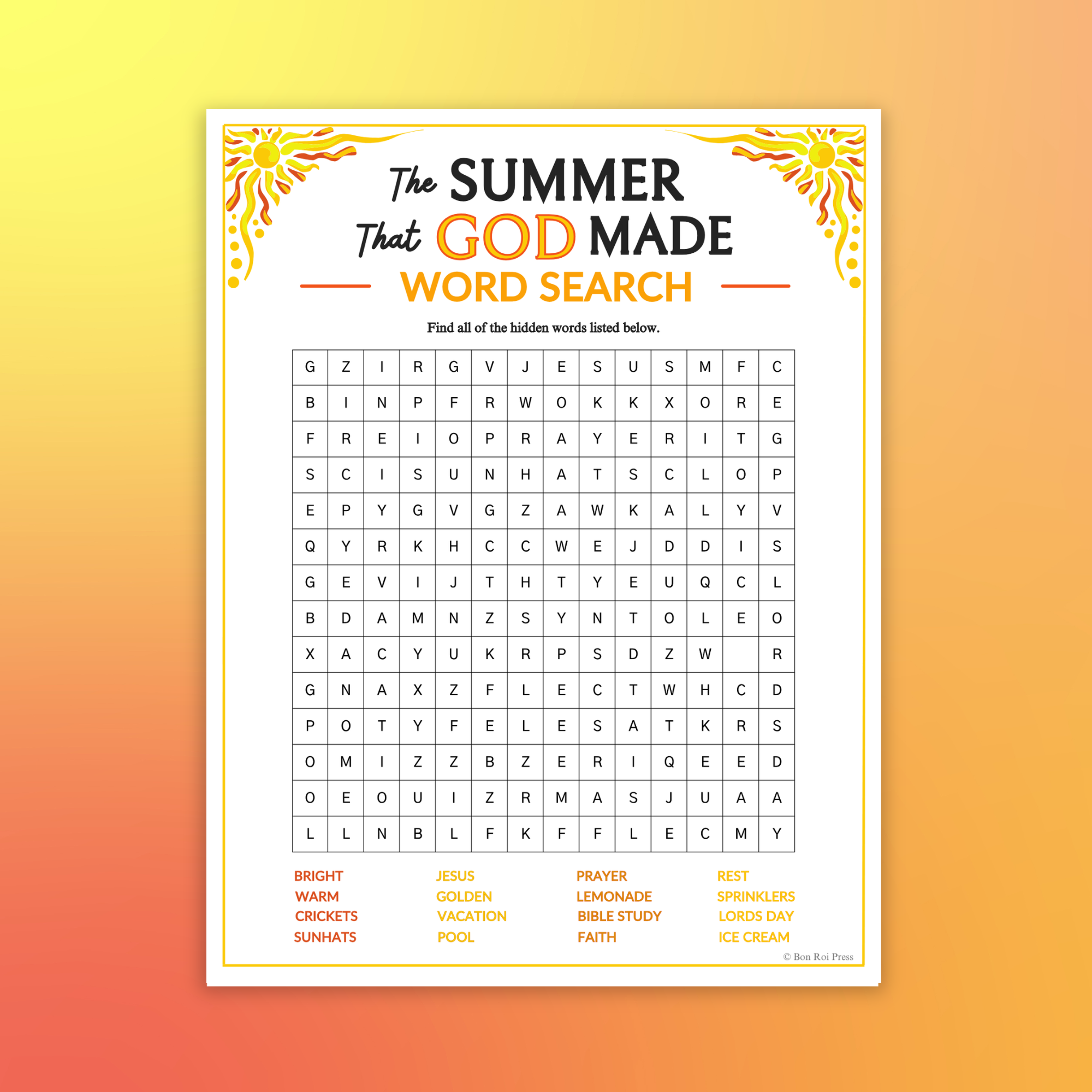 The Summer That God Made Word Search Game Printable For Church Kids Teens Adults Sunday School Ministry Bible Learning Activity Classful