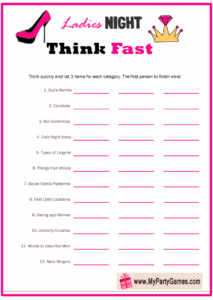 Think Fast Free Printable Ladies Night Game