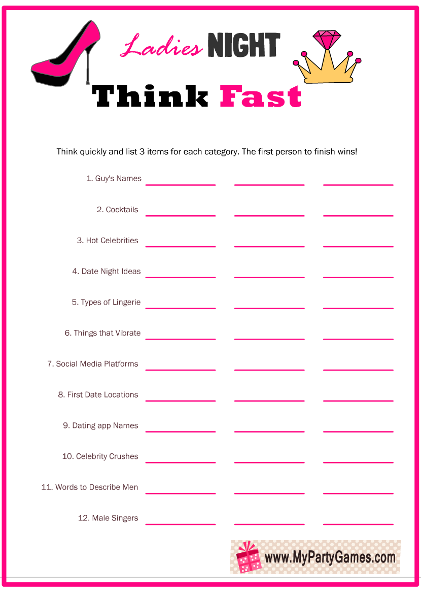 Think Fast Free Printable Ladies Night Game
