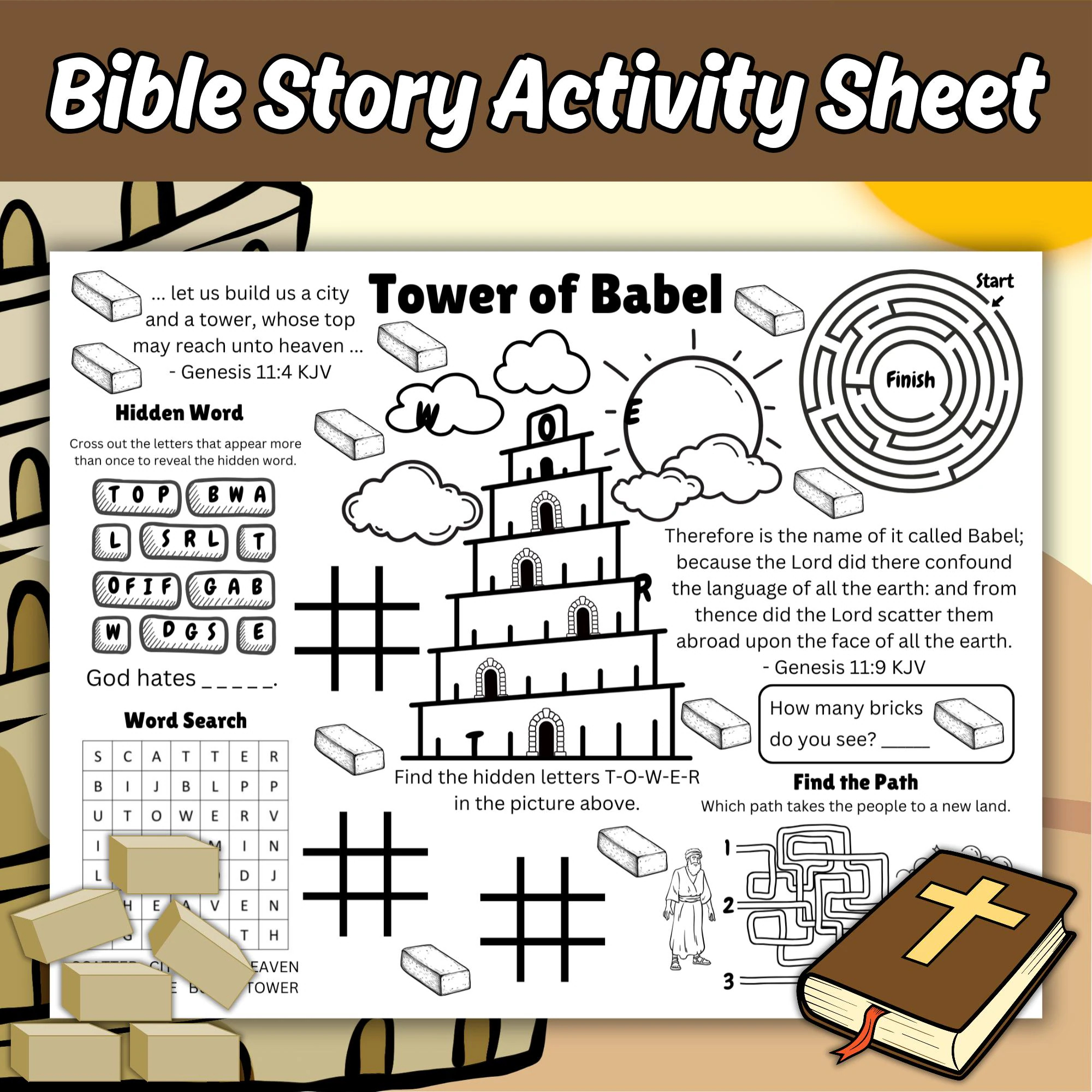 Tower Of Babel Activity Sheet Bible Story Coloring Activity Page Tower Of Babel Activity Placemat Tower Of Babel Bible Lesson Printable Etsy