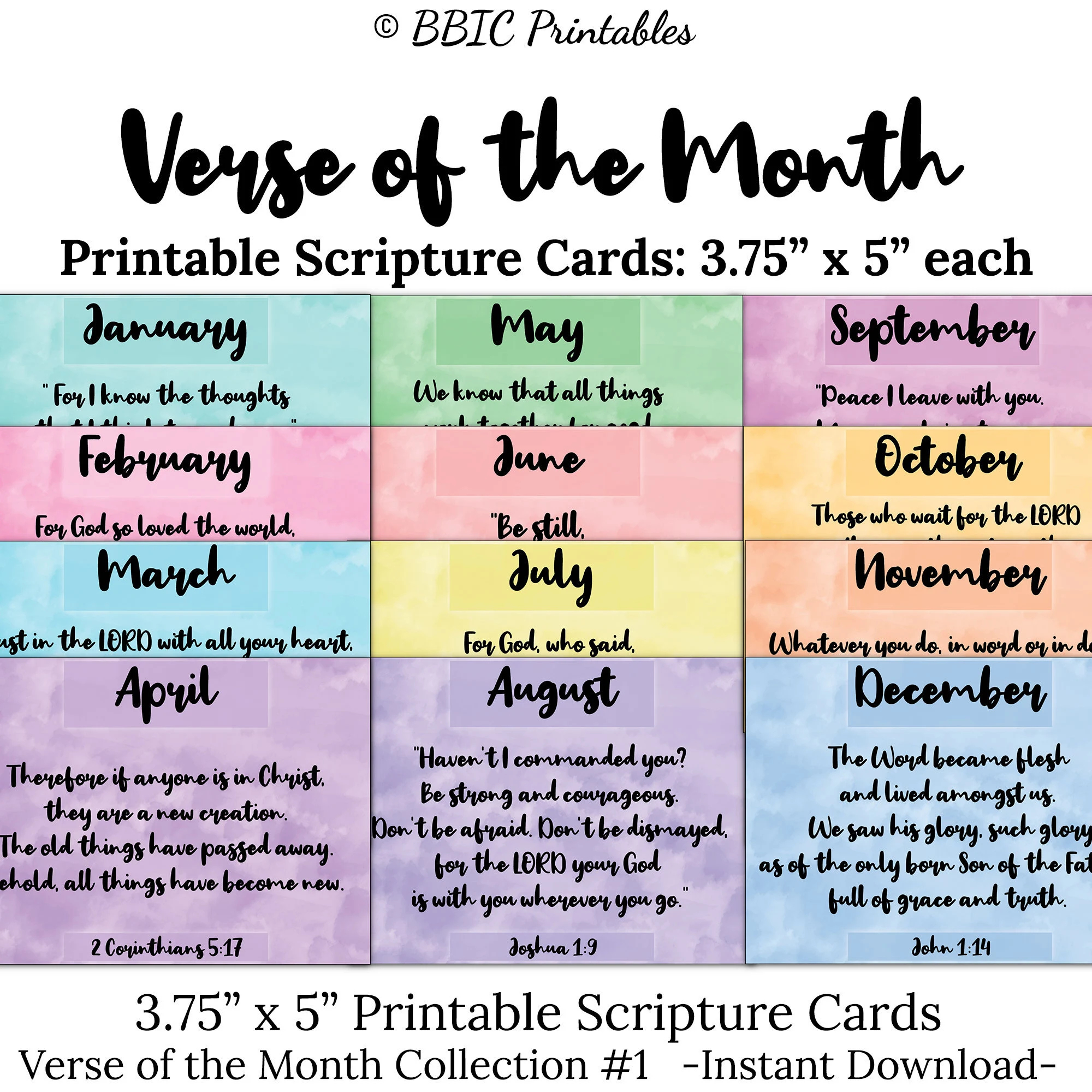 Verse Of The Month Scripture Cards C1 INSTANT DOWNLOAD 3 75x5 Watercolor Monthly Bible Verse Digital Printable Scripture Cards JPG Pdf Etsy