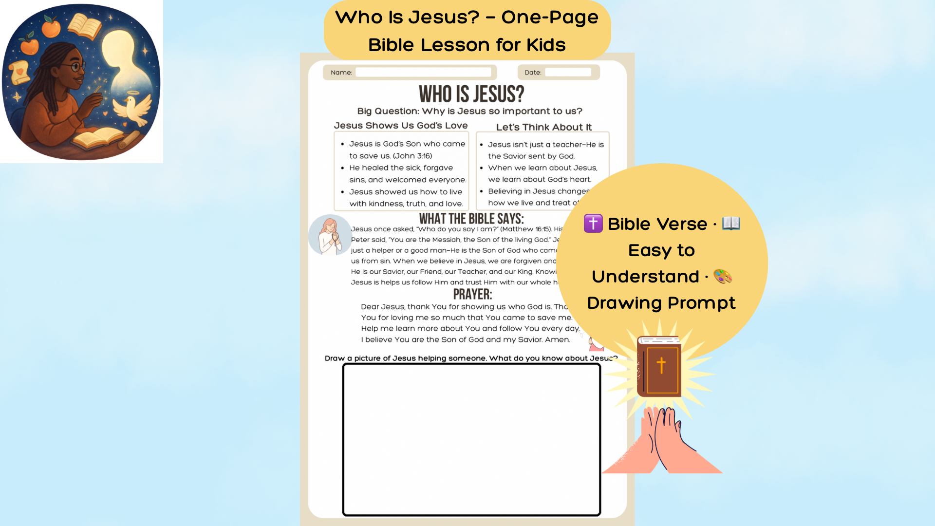 who is jesus one page bible lesson for kids printable christian worksheet with simple explanation of jesus identity and role for sunday school and homeschool elementary faith education resource classful