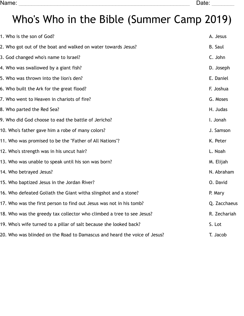 Who s Who In The Bible Summer Camp 2019 Worksheet WordMint