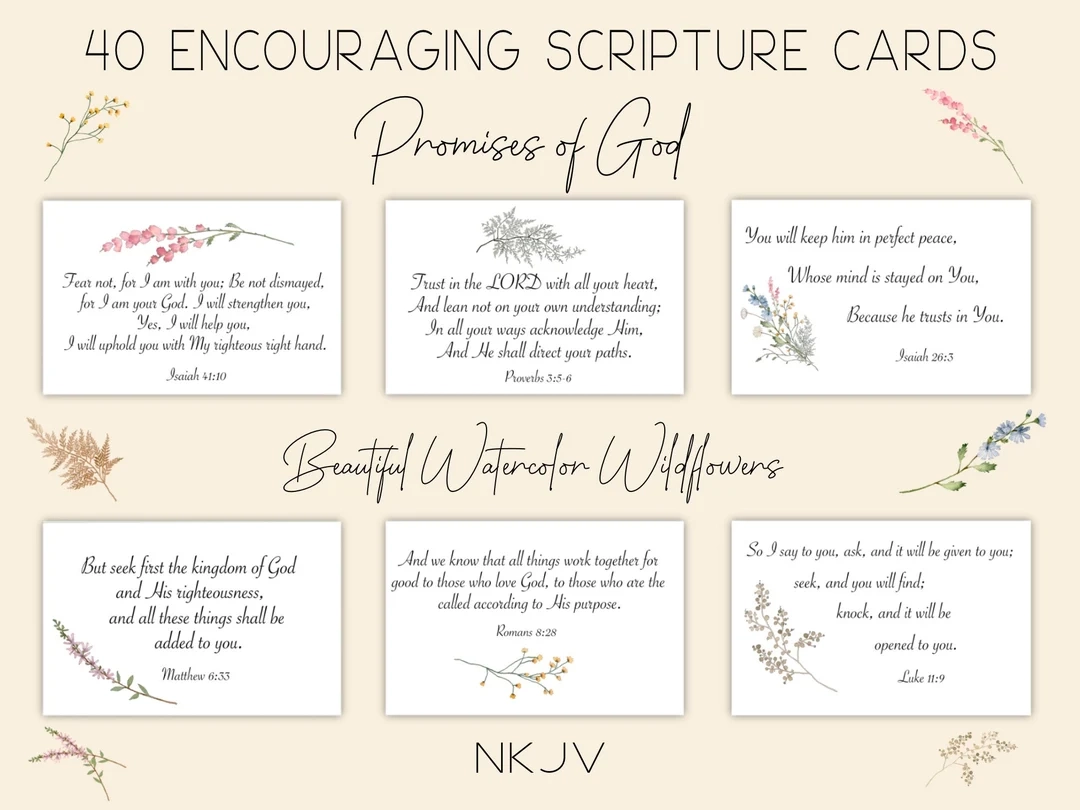 40 NKJV Scripture Cards Promises Of God Printable Bible Memory Verses Encouraging Scripture God s Promises Watercolor Wildflowers Etsy