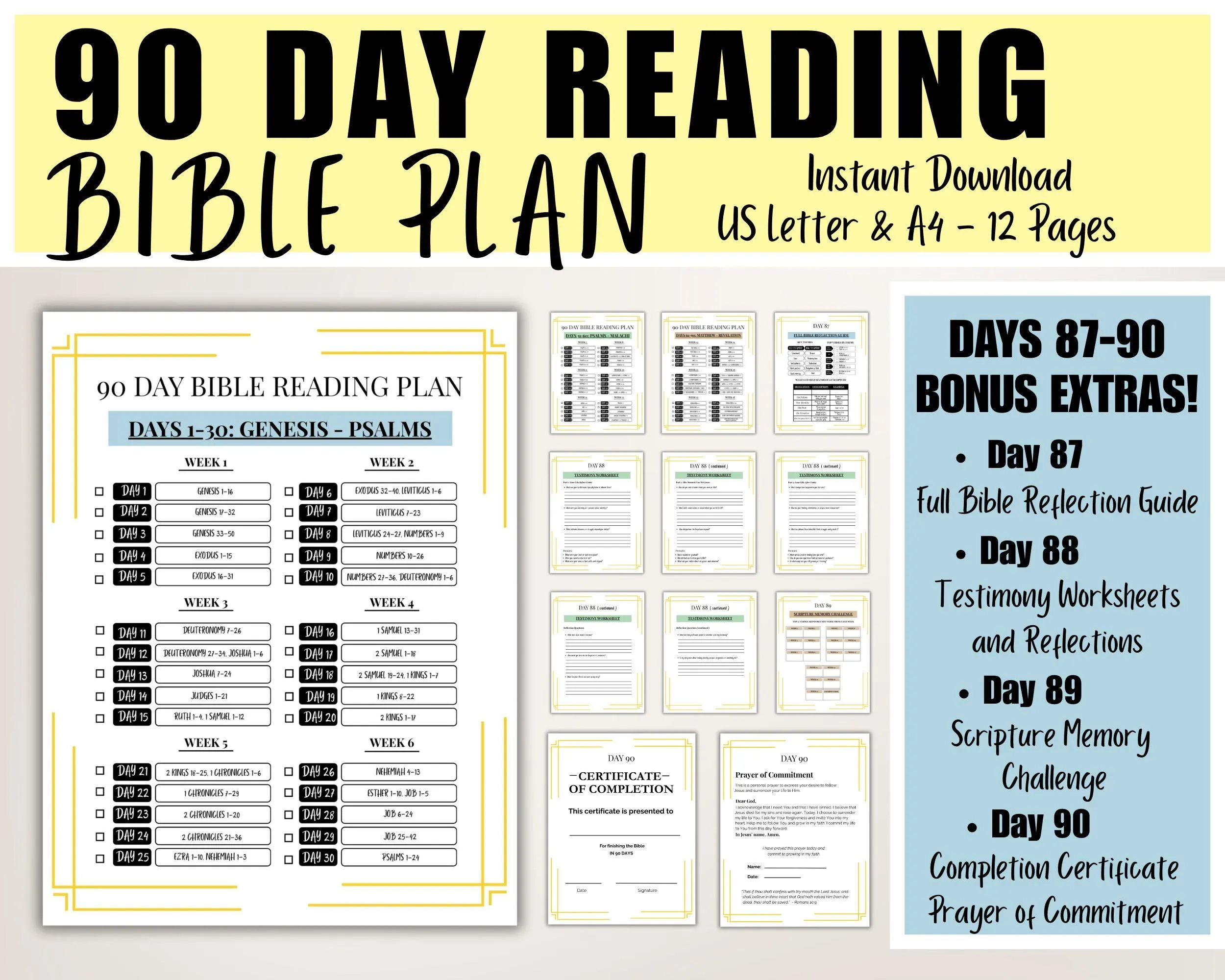 90 Day Bible Reading Plan PDF Printable Bible Study Tool Church Ministry Resource Youth Group Guide Certificate Of Completion Etsy