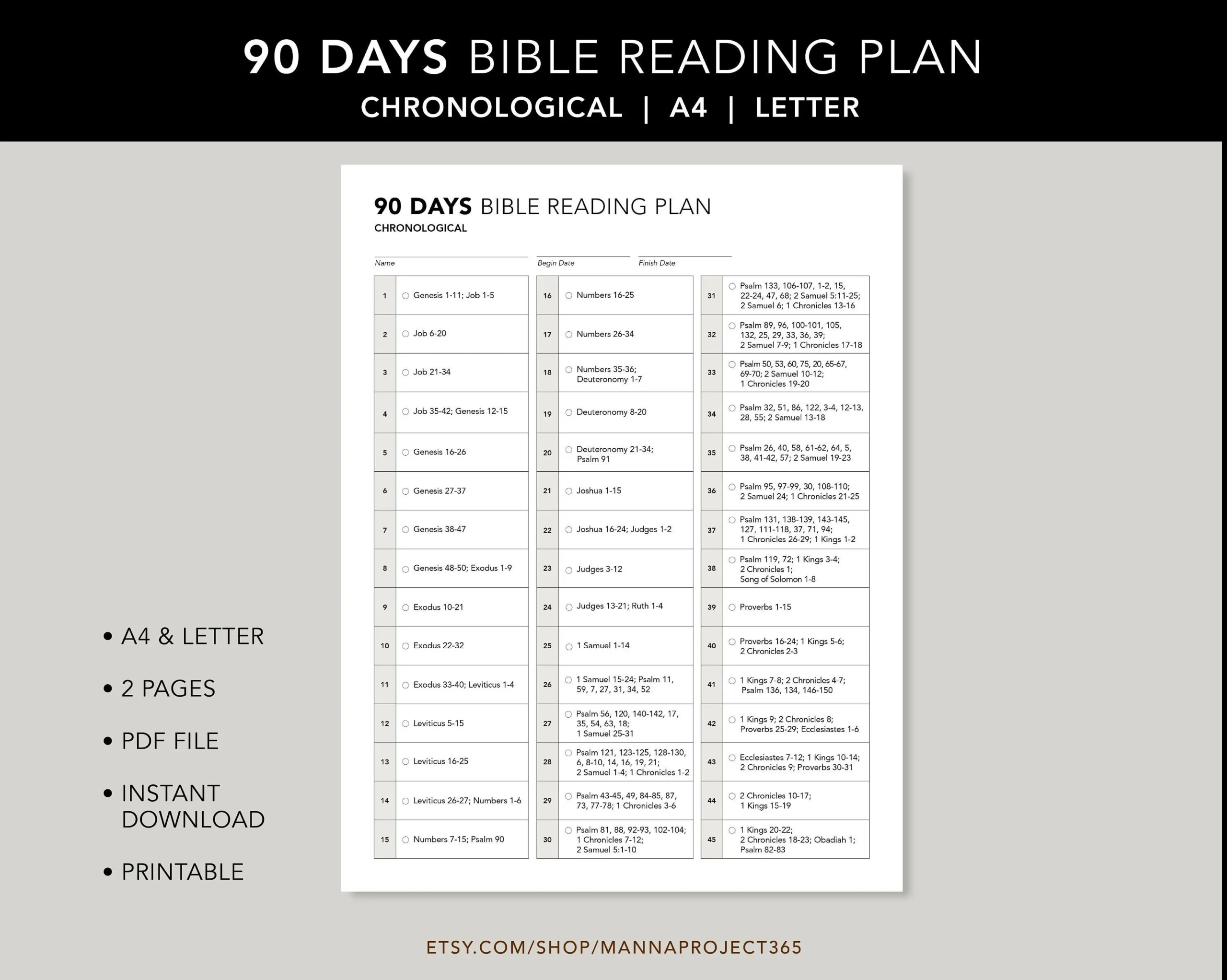 90 Days Chronological Bible Reading Plan Bible In 90 Days 3 Month Bible Reading Bible Study Bible Reading Plan Printable Letter A4 Etsy
