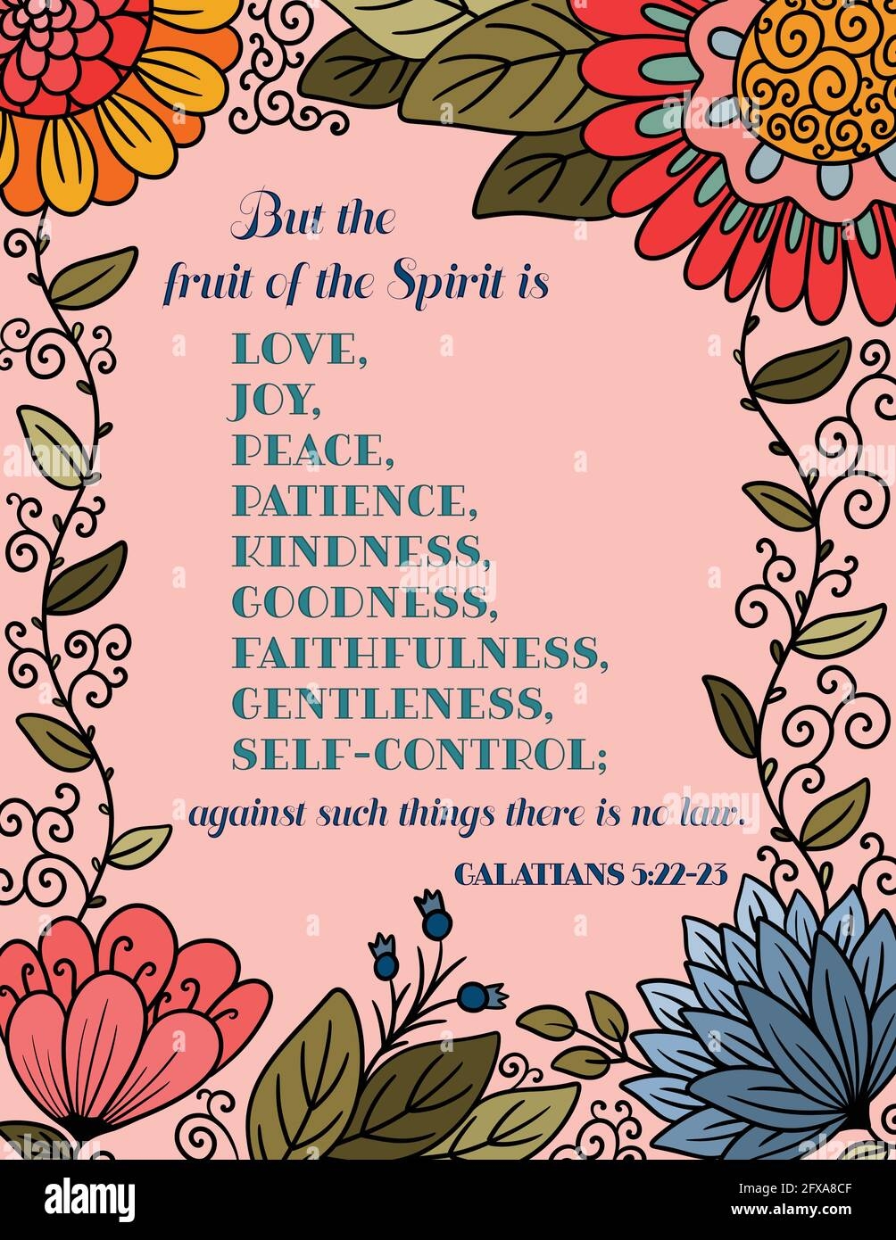 A Bible Quote Of The Fruit Of The Spirit On A Pink Floral Background Stock Vector Image Art Alamy