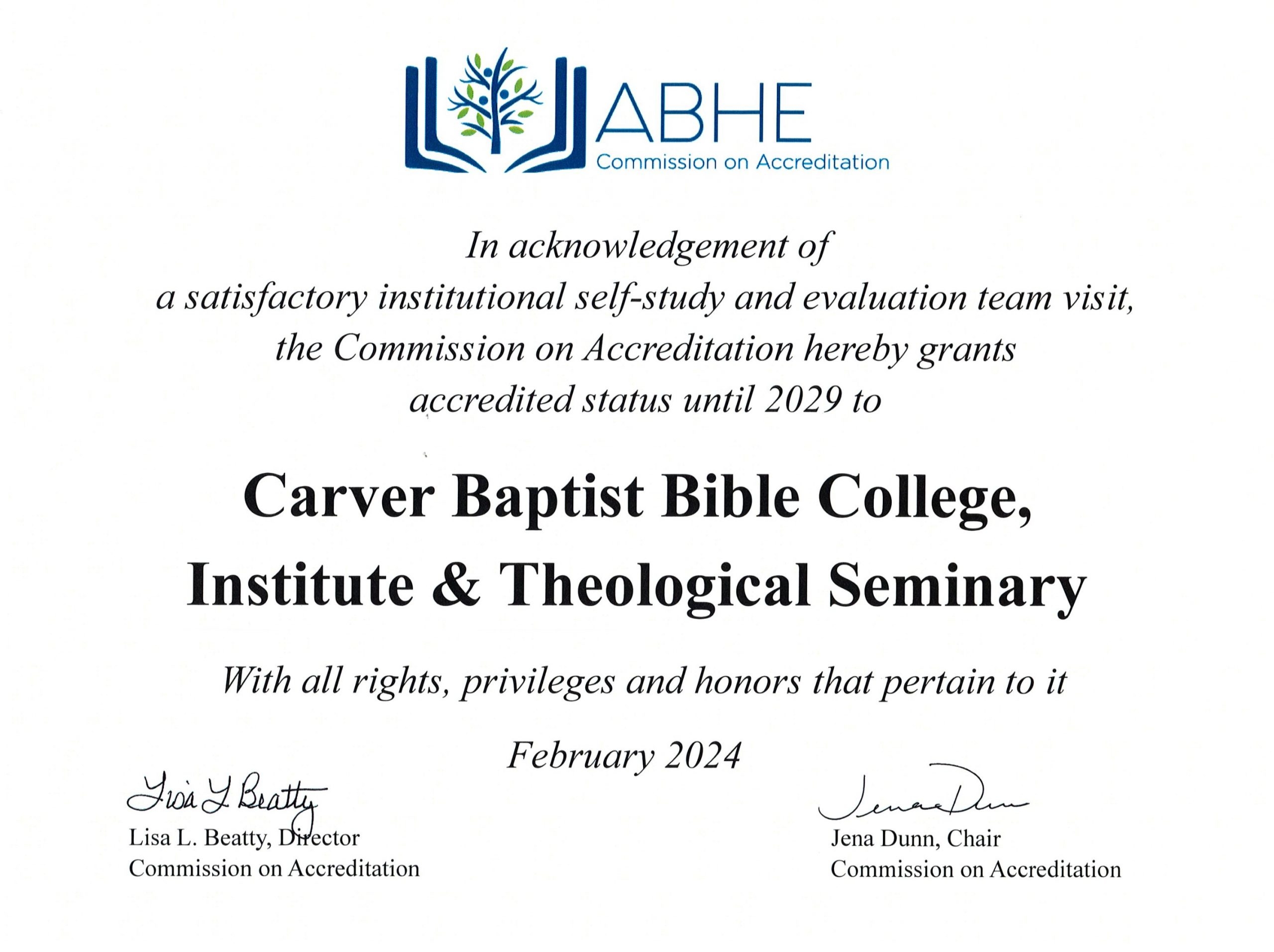 Accreditation Carver Baptist Bible College Institute Theological Seminary
