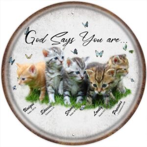 Amazon Finamille God Says You Are Cat Round Vintage Tin Sign Inspirational Quote Sign Psalms Bible Verses Scripture Wall Decor Religious Encouragement Gifts Home Office Posters 12x12 Inches