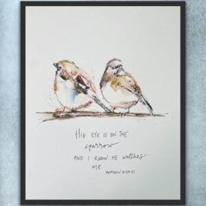 Amazon His Eye Is On The Sparrow Watercolour Bird Print Two Sparrows And Bible Verse I Know He Watches Me Matthew 10 29 31 Print Posters Prints