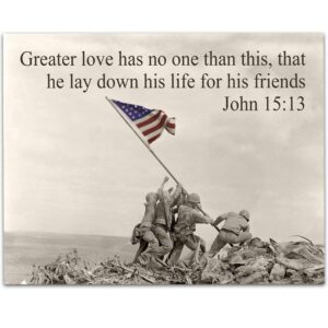 Amazon Iwo Jima Flag Raising Photo 11x14 Unframed Poster John 15 13 Bible Verse Print Patriotic WWII War Memorial Art Inspirational Military Wall Decor Motivational Gift For Veterans Living Room Wall Art Home