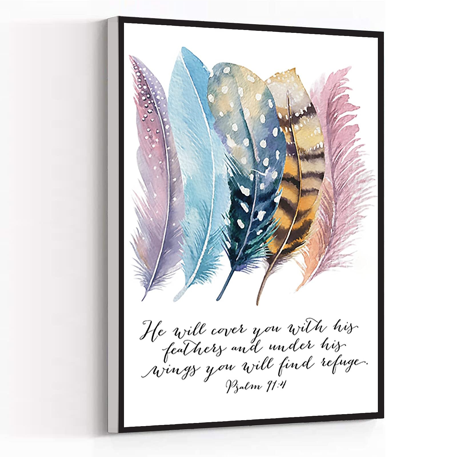 Amazon KEJPU Canvas Wall Art Modern Art Print Bible Verse Psalm 91 4 Poster Birds Feathers Scripture Christian Quotes Painting Artwork Wall Decor For Home Office Wooden Frame Ready To Hang 12 X18 Posters