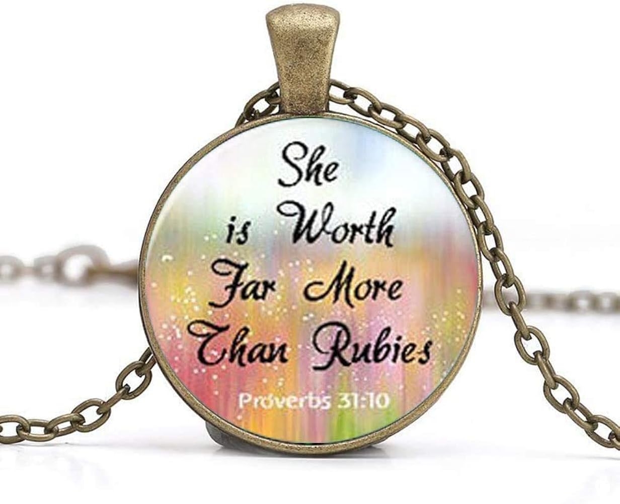Amazon Proverbs 31 10 Bible Verse Pendant Necklace Bible Quote Scripture Jewelry Christian Gift Inspirational She Is Worth More Than Rubies Scripture Quote Jewelry Clothing Shoes Jewelry