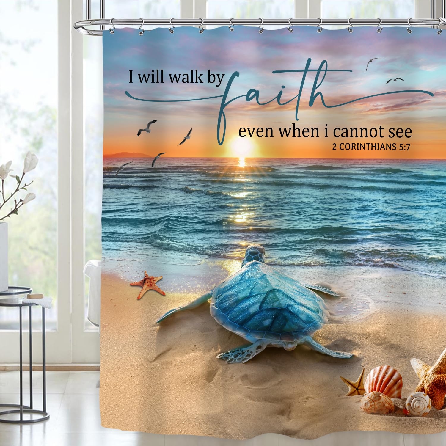 Amazon Riyidecor Beach Turtle Shower Curtain 60Wx72H Inch Bible Verse Curtain Ocean Sea Animal Summer Coastal Seaside Scenic Christian Quote Landscape Bathroom Decor Fabric Polyester Waterproof 12 Pack Hooks Home 