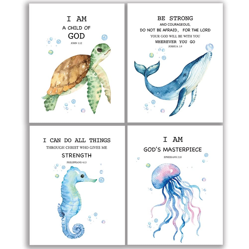 Amazon Scripture Bible Verse Wall Decor Set Of 4 8 X10 Watercolor Blue Ocean Theme Religious Gifts For Children Inspirational Bible Verses Quotes Baby Nursery Wall Decor No Frame Posters Prints
