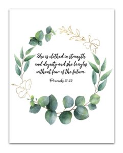 Amazon TJ Originals Proverbs 31 25 Bible Quote Wall Art Christian Art Print Christian Gifts For Women Religious Verses Desk Decor Bible Verses Office Wall Decor Catholic Art Wall Decor 11x14 In