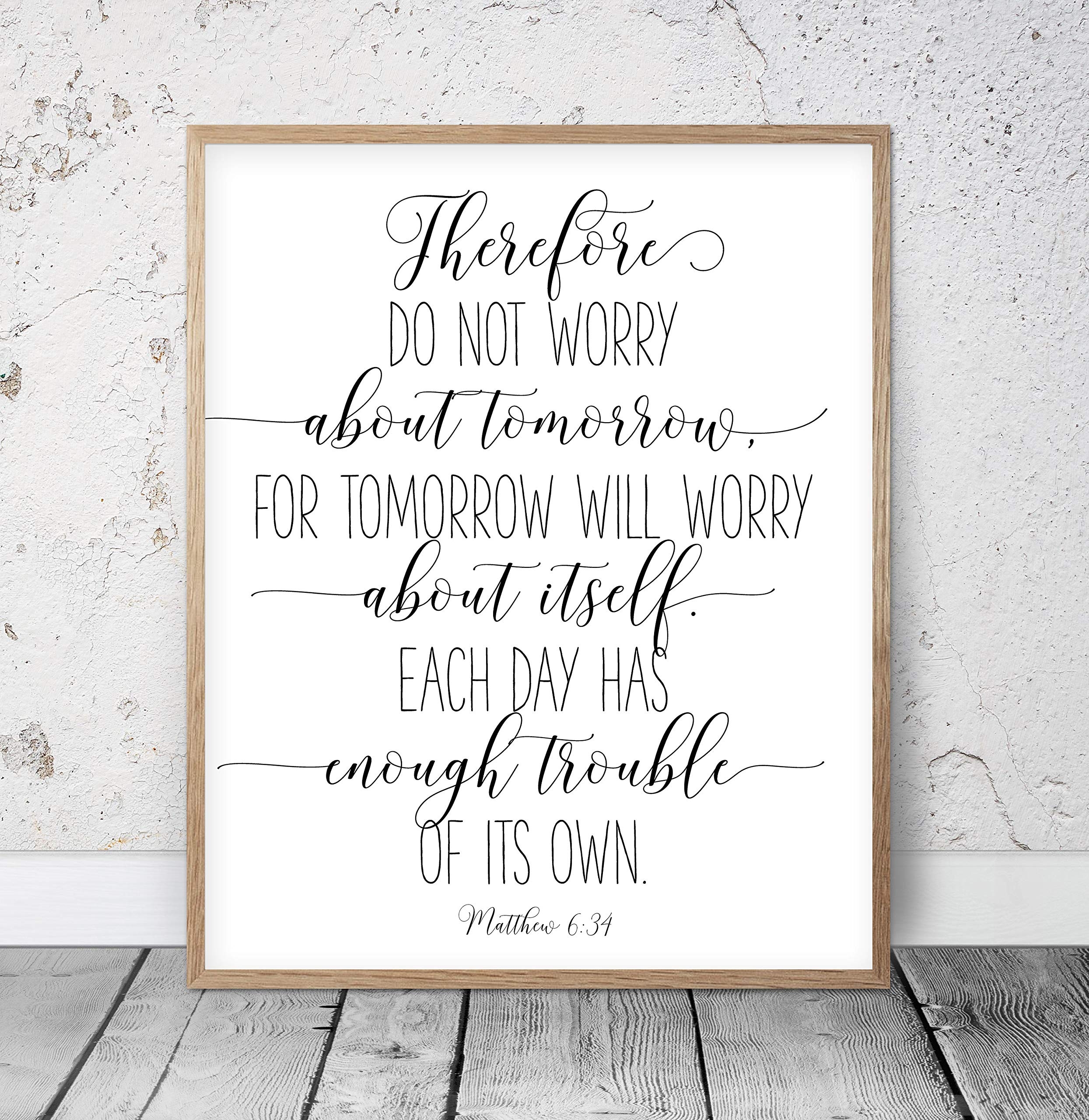 Amazon Wood Pallet Plaque With Frame Don t Worry About Tomorrow Matthew 6 34 Bible Verse Printable Wall Art Christian Gifts Religious Art Nursery Bible Quotes Scripture Print Quote Sign Posters Prints