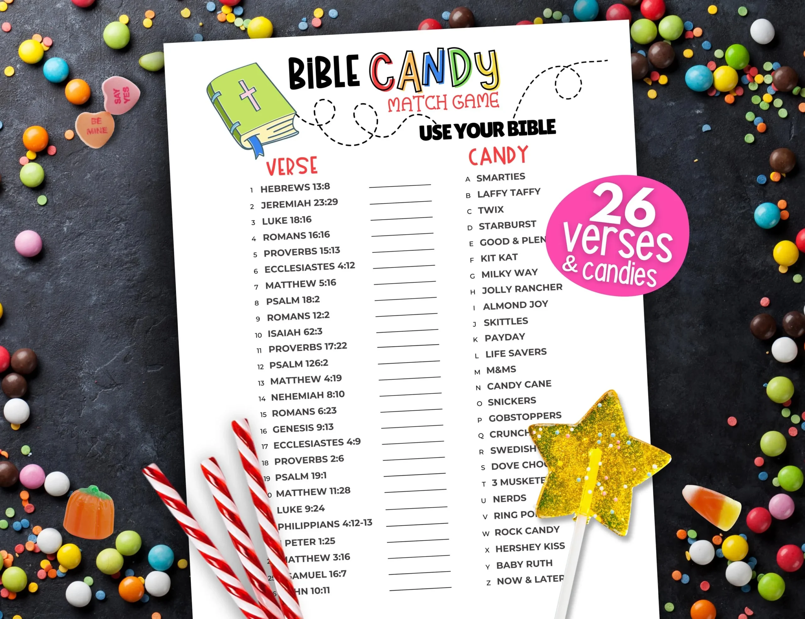 Bible Candy Match Game Books Of The Bible Candy Game Church Party Game Bible Games For Kids Adults Bible Games For Teens Youth Group Etsy