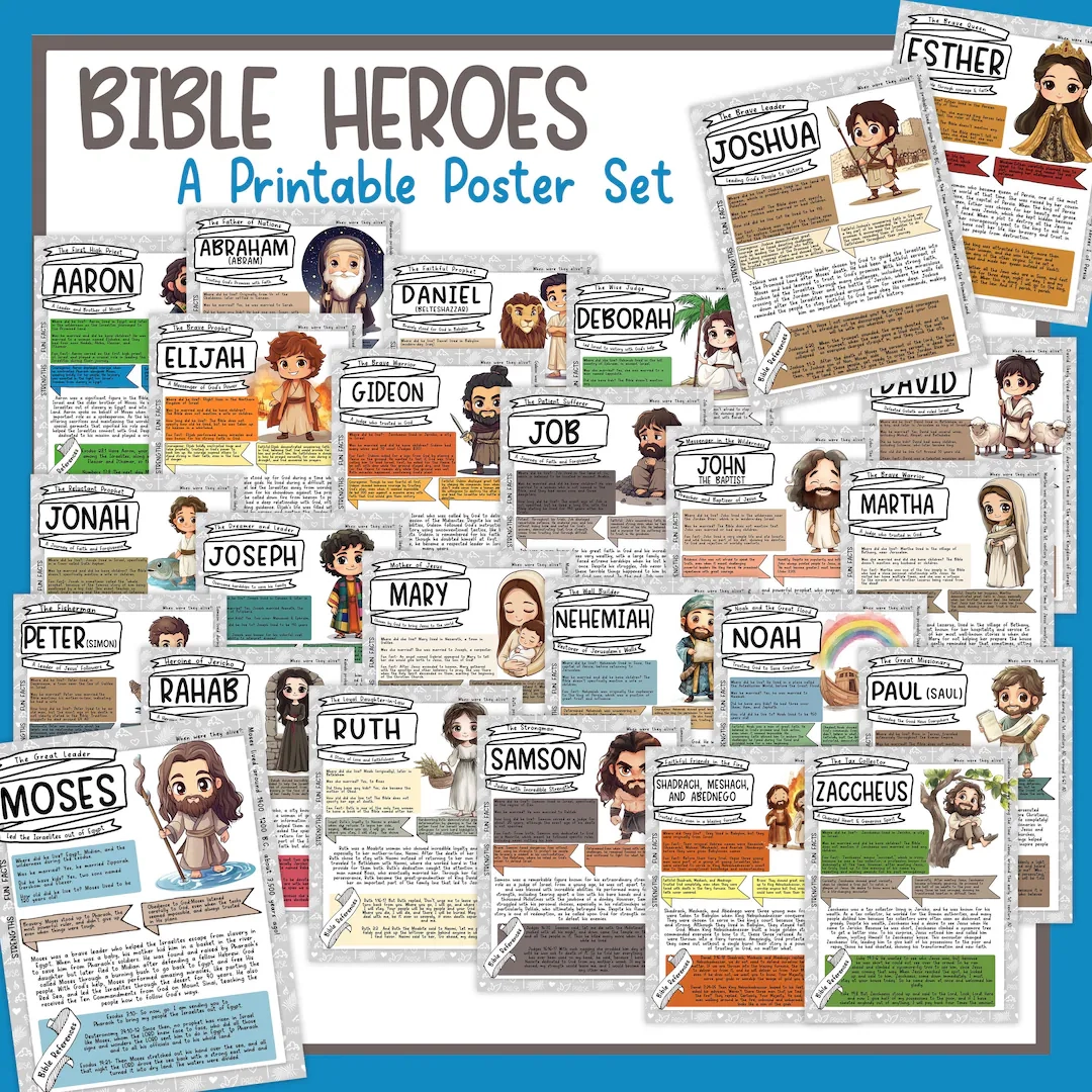 Bible Heroes Study For Kids Bible Characters Poster Bulletin Board Set Bible Verses Character Traits For Sunday School And Homeschool Etsy