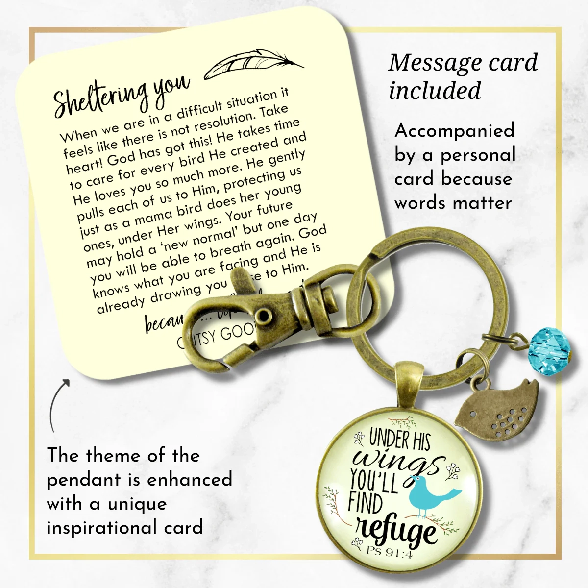 Bible Quote Keychain Under His Wings Refuge Psalm 91 Promise Jewelry Gutsy Goodness