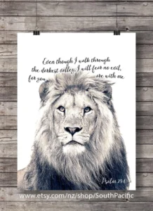 Bible Verse Lion Art Print Psalm 23v4 Scripture Lion Face Printable Art Sepia Lion Photo Animal Decor English And Portuguese Wall Art Poster Etsy