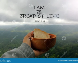 Bible Verse Quote I Am The Bread Of Life John 6 35 With Hand Of A Person Holding Bread On Wooden Bowl Mountain Background Stock Photo Image Of Dramatic Background 234306668