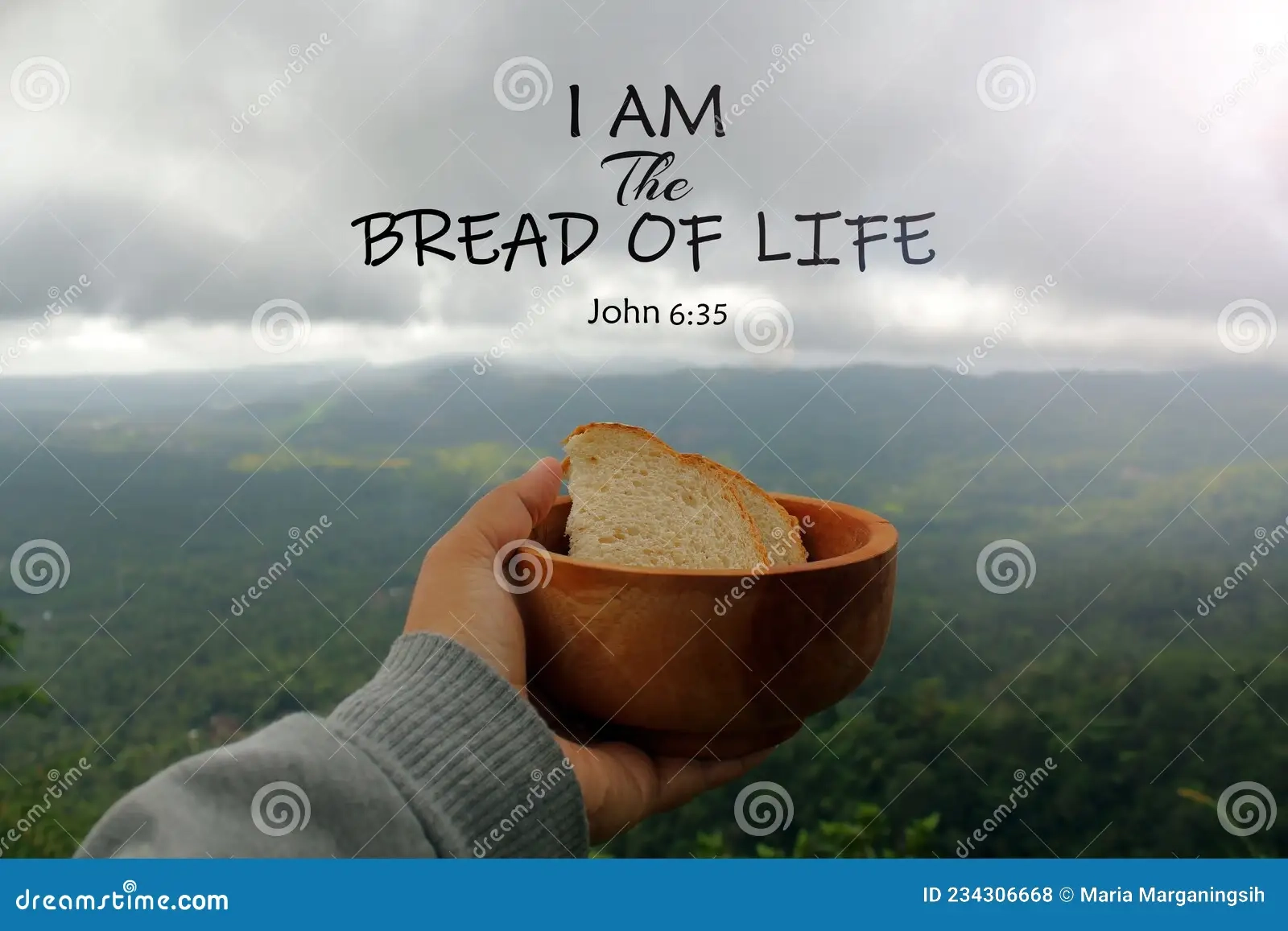 Bible Verse Quote I Am The Bread Of Life John 6 35 With Hand Of A Person Holding Bread On Wooden Bowl Mountain Background Stock Photo Image Of Dramatic Background 234306668